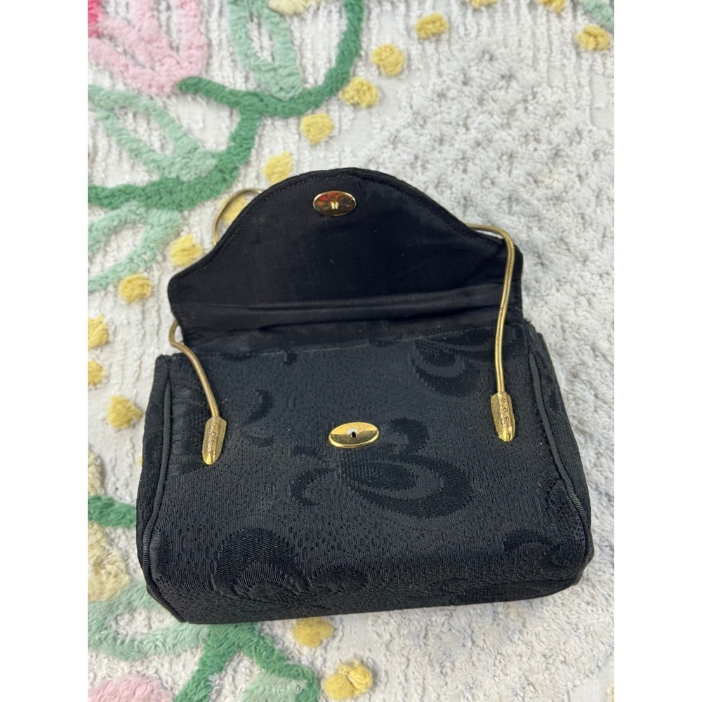 Vintage‎ Garay Black Jacquard Evening Bag Gold Snake Chain Strap Bow  Clutch - Picture 7 of 8